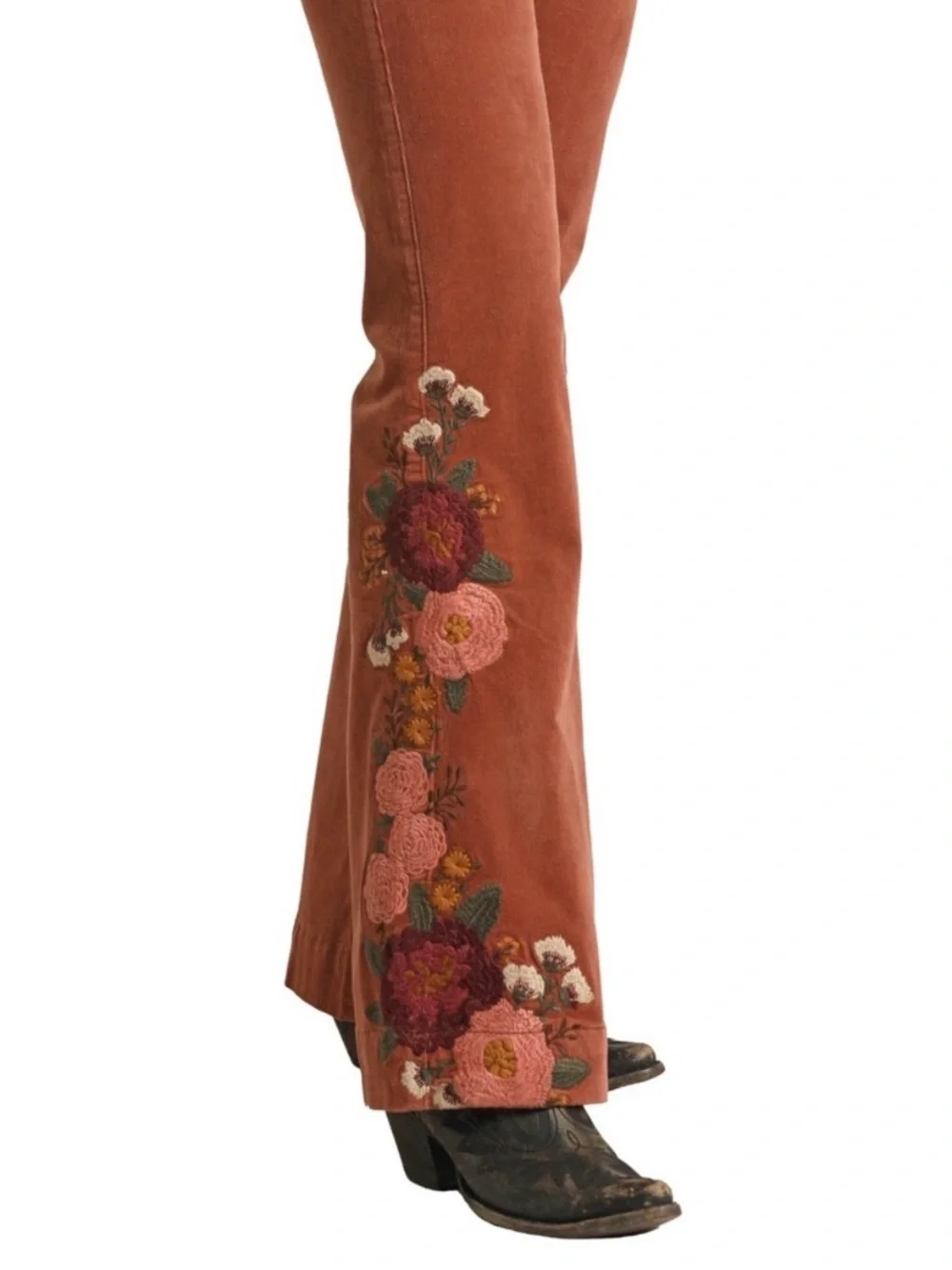 Rock & Roll - Rust colored Corduroy flares with floral embroidery & Ombre colors - Picture 2 of 10
